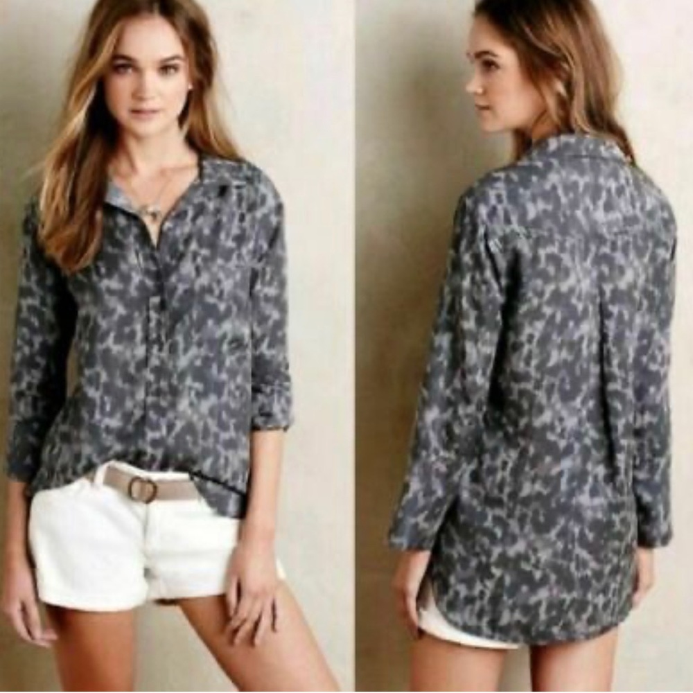 Cloth & Stone Anthropologie Large Collared Bell Sleeve Leopard Grey Hi Lo Tunic